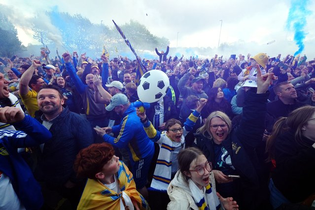 Leeds United fans celebrate promotion to the Premier League outside Elland Road on Monday, April 21, 2025. (Photo by Mike Egerton/PA Images via Getty Images)