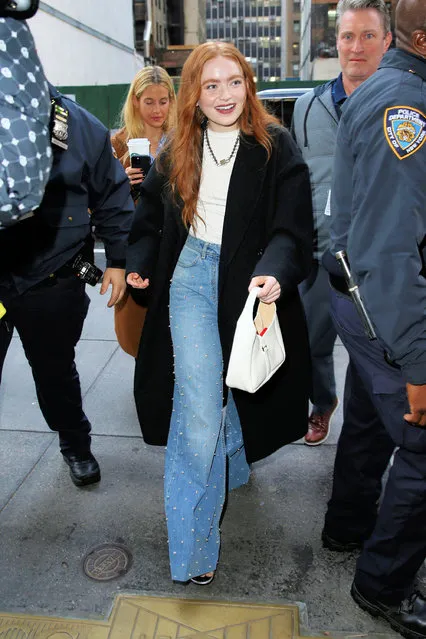 American actress Sadie Sink wears studded jeans outside NBC Studios in New York City early January 2023. (Photo by Christopher Peterson/Splash News and Pictures)