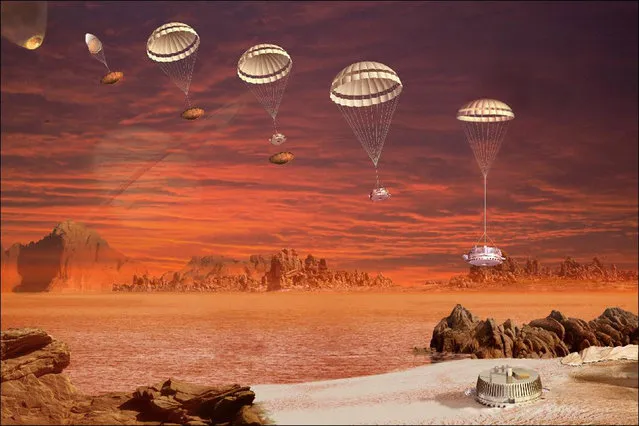 The European Space Agency's Huygens probe descent sequence from the Cassini spacecraft to Saturn's moon Titan in January 2005. Scientists reconstructed the chain of events from the landing by analyzing data from a variety of instruments that were active during the impact and found that the spacecraft, bounced, slid and wobbled its way to rest in the 10 seconds after touching down on Titan. (Photo by Reuters/NASA/JPL/ESA)