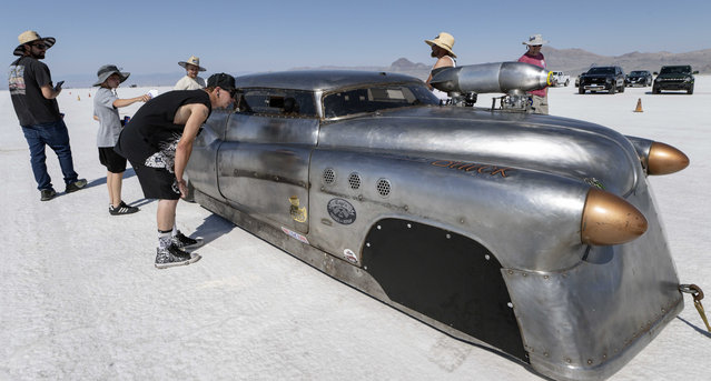 Cars are positioned in the staging area during the Southern California Timing Association’s Speed Week on the Bonneville salt flats in Wendover, Utah on August 6, 2025. The event has resumed after a driver was killed when he lost control of his car during a speed-record attempt. (Photo by Brian Cahn/Zuma Press Wire/Rex Features/Shutterstock)