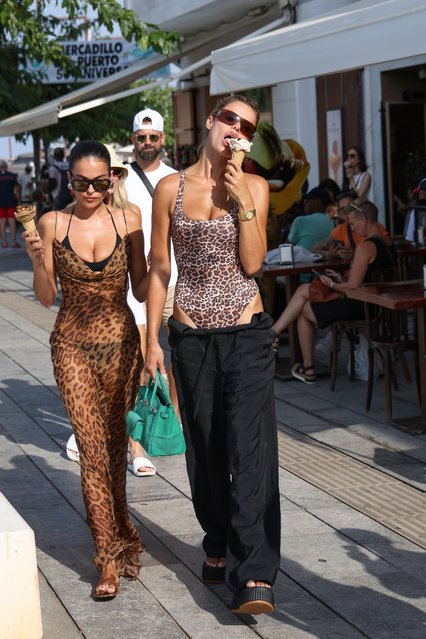 American model Brooks Nader and his sister Sarah Jane Nader sunbathe on their £10,900,000 superyacht Twilight Georgetown in Ibiza on August 6, 2025 and stroll around town with an ice cream while Brooks wears his one-piece swimsuit with sweatpants and shows off his bum with a Hermes Birkin bag. (Photo by Aissaoui Nacer/Splash News and Pictures)