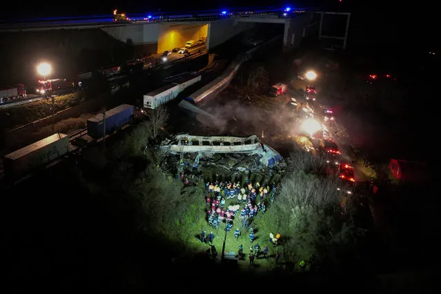 A view of the site of a crash, where two trains collided, near the city of Larissa, Greece on March 1, 2023. (Photo by Giannis Floulis/Reuters)