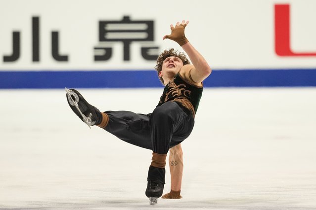 Lukas Britschgi, of Switzerland, performs during the men' free skating program in the ISU Grand Prix of Figure Skating - NHK Trophy in Kadoma, east of Osaka, western Japan, Saturday, November 8, 2025. (Photo by Hiro Komae/AP Photo)