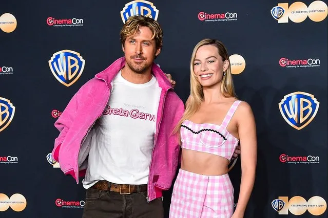 (L-R) Canadian actor Ryan Gosling and Australian actress Margo Robbie attend the red carpet promoting the upcoming film “Barbie” at the Warner Bros. Pictures Studio presentation during CinemaCon, the official convention of the National Association of Theatre Owners, at The Colosseum at Caesars Palace on April 25, 2023 in Las Vegas, Nevada. (Photo by Greg Doherty/WireImage)