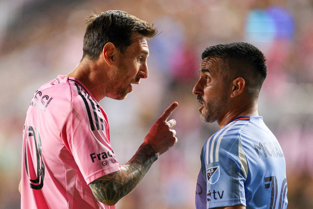 Inter Miami CF forward Lionel Messi (10) talks to New York City FC midfielder Maximiliano Moralez (10) in the first half during the Eastern Conference Final at Chase Stadium in Fort Lauderdale, Florida on November 29, 2025. (Photo by Nathan Ray Seebeck/Imagn Images)