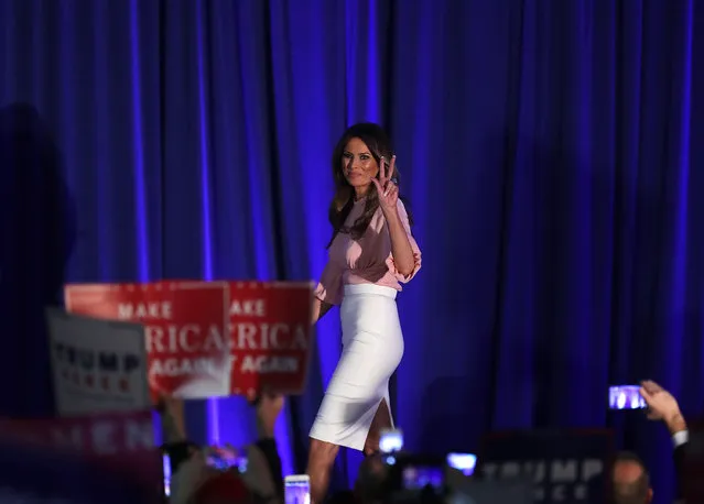 Melania Trump, wife of Republican presidential nominee Donald Trump, gestures to supporters during a campaign event November 3, 2016 in Berwyn, Pennsylvania. Melania Trump campaigned for her husband, five days before the nation pick her next president. (Photo by Alex Wong/Getty Images)