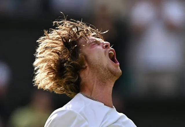 Andrey Rublev celebrates after his victory over Alexander Bublik of Kazakhstan during day seven of The Championships Wimbledon 2023 at All England Lawn Tennis and Croquet Club on July 9, 2023 in London, England. (Photo by Dylan Martinez/Reuters)