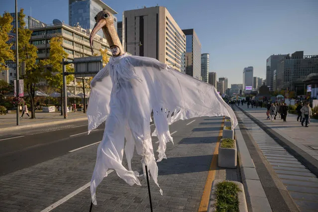Performers on stilts take part in a “peace parade”, as part of a “2018 World Peace Convention”, in Gwanghwamun square in central Seoul on November 1, 2018. According to organisers, the convention, which features art installations and performances hosted by the National Council of YMCAs of South Korea, aims to bring together activists from various countries in an effort to “ensure the sociocultural exchange of citizens as well as the government’s political and military effort to achieve peace”. (Photo by Ed Jones/AFP Photo)