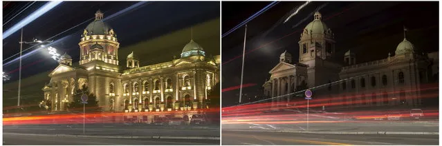 A combination photo shows the Serbian Parliament building before and during the Earth Hour in Belgrade March 28, 2015. (Photo by Marko Djurica/Reuters)