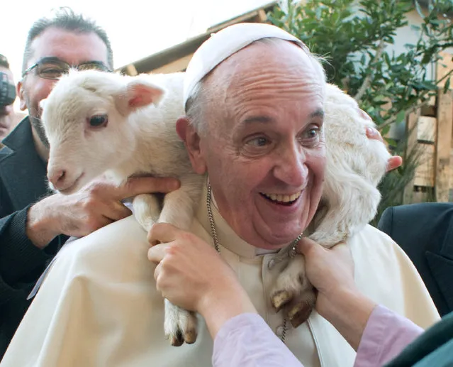 In this photo provided by the Vatican paper L'Osservatore Romano Tuesday, January 7, 2014, Pope Francis is placed a lamb around his neck as he visits a living nativity scene staged at the St. Alfonso Maria de' Liguori parish church, in the outskirts of Rome, Monday, January 6, 2014. The Epiphany day, is a joyous day for Catholics in which they recall the journey of the Three Kings, or Magi, to pay homage to Baby Jesus. (Photo by Osservatore Romano/AP Photo)