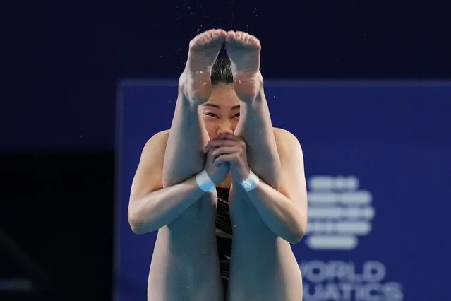 Kim Suji of South Korea competes during the women's 3m springboard diving semifinal at the World Aquatics Championships in Doha, Qatar, Friday, February 9, 2024. (Photo by Hassan Ammar/AP Photo)