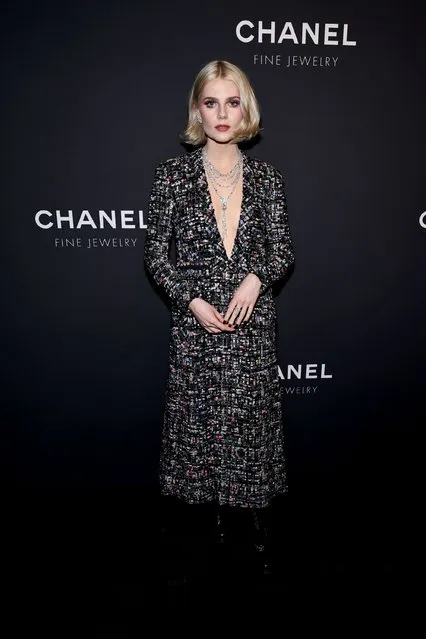 British-American actress Lucy Boynton, wearing CHANEL, attends the CHANEL Dinner to celebrate the Watches & Fine Jewelry Fifth Avenue Flagship Boutique Opening on February 07, 2024 in New York City. (Photo by Jamie McCarthy/WireImage)