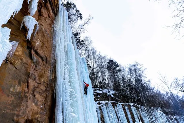 Susan Hill climbs on a rock wall covered with ice during Sandstone Ice Climbing festival at Robinson Ice Park in Sandstone, Minnesota on January 7, 2022. (Photo by Kerem Yucel/AFP Photo)