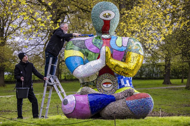 Niki de Saint Phalle’s Buddha gets a spring clean on April 23, 2024 in Yorkshire Sculpture Park near Wakefield in preparation for International Sculpture Day.on Saturday. (Photo by James Glossop/The Times)