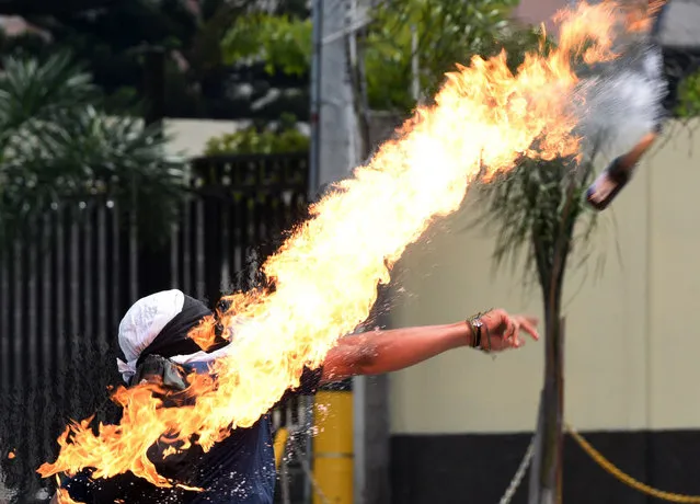 A student of the Autonomous National University of Honduras (UNAH) throws a Molotov cocktail at riot police during a protest demanding the resignation of Honduran President Juan Orlando Hernandez, in Tegucigalpa, on January 28, 2019 on the second day of protests. People took to the streets to protest against the president a year after his controversial inauguration. Hernandez took office on January 27, 2018 after being re-elected in a vote called fraud by the opposition alliance. (Photo by Orlando Sierra/AFP Photo)