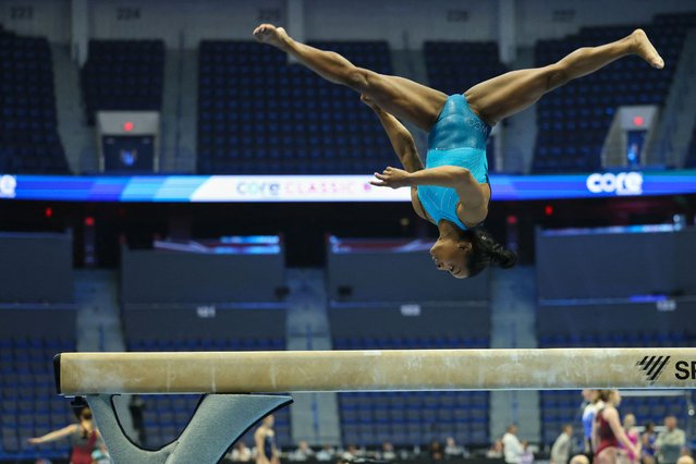US gymnast Simone Biles trains at the XL Center ahead of the 2024 Core Hydration Classic in Hartford, Connecticut, May 17, 2024. (Photo by Charly Triballeau/AFP Photo)