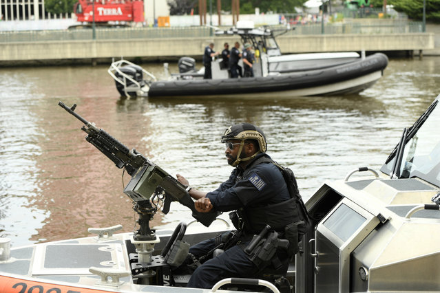 Police and the Coast Guard patrol the river in Milwaukee, Wisconsin on Monday, July 15, 2024. The city of Milwaukee is hosting the 2024 Republican Convention which will run from July 15th through July 18th. (Photo by Paul Beaty/UPI/Rex Features/Shutterstock)