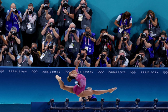 Rebeca Andrade of Brazil competes in the artistic gymnastics women's balance beam final during the Paris Olympics at the Bercy Arena in Paris on August 5, 2024. (Photo by Athit Perawongmetha/Reuters)