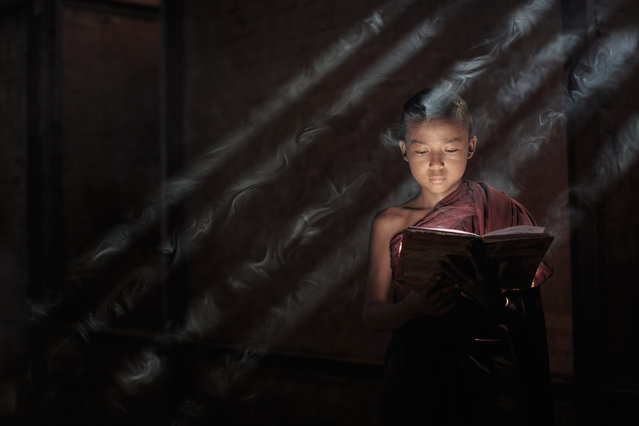 “Novice monk with perfect light and incense smoke”. A novice monk reads a buddhist text in an old temple in Began. The light reflected perfectly off the pages of his book and the incense smoke was captured by the beaming light. Photo location: Bagan, Maynmar. (Photo and caption by Neil Herbert/National Geographic Photo Contest)