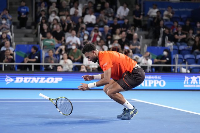 Arthur Fils of France celebrates after defeating his compatriot Ugo Humbert during their men's singles final match at the Japan Open tennis tournament on Tuesday, October 1, 2024, at Ariake Coliseum, in Tokyo, Japan. (Photo by Eugene Hoshiko/AP Photo)