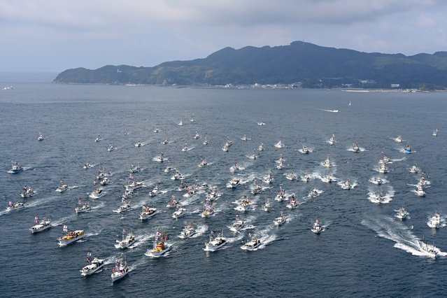 n this aerial image, fish boats parade during the Miare Festival, in hope of good catch as a part of Munakata Taisha Shrine's Autumn Festival on October 1, 2024 in Munakata, Fukuoka, Japan. (Photo by The Asahi Shimbun via Getty Images)