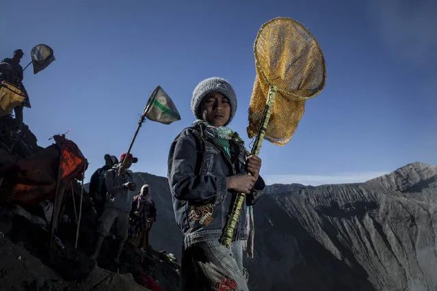 Eleven-years old Feri holds a net as they wait to catch offerings thrown by Hindu worshippers during the Yadnya Kasada Festival at crater of Mount Bromo on August 12, 2014 in Probolinggo, East Java, Indonesia. (Photo by Ulet Ifansasti/Getty Images)