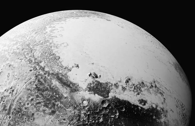 A synthetic perspective view of Pluto, based on the latest high-resolution images to be downlinked from NASA's New Horizons spacecraft, shows what you would see if you were approximately 1,100 miles (1,800 kilometers) above Pluto's equatorial area, looking toward the bright, smooth, expanse of icy plains informally called Sputnik Planum, in this image taken July 14, 2015 and released September 10, 2015. The images were taken as New Horizons flew past Pluto from a distance of 50,000 miles (80,000 kilometers). (Photo by Reuters/NASA)