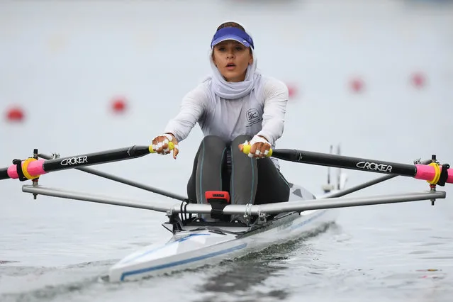 Mahsa Javar of the Islamic Republic of Iran competes in the Women's Single Sculls Repechage 1 on Day 3 of the Rio 2016 Olympic Games at the Lagoa Stadium on August 8, 2016 in Rio de Janeiro, Brazil. (Photo by Matthias Hangst/Getty Images)