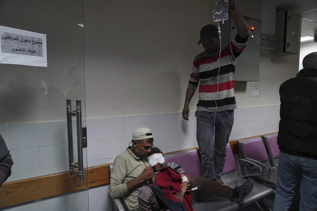 Palestinians who were injured in an Israeli airstrike, wait to be treated at the Baptist Hospital in Gaza City, April 3, 2025. (Photo by Jehad Alshrafi/AP Photo)