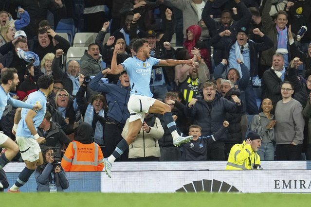 Manchester City's Matheus Nunes celebrates after scoring his side's second goal during the English Premier League soccer match between Manchester City and Aston Villa at Etihad stadium in Manchester, England, Tuesday, April 22, 2025. (Photo by Jon Super/AP Photo)
