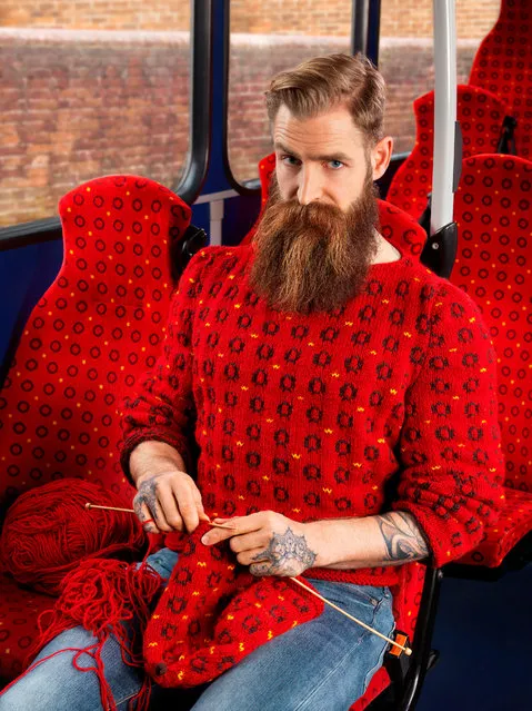 Nina loves buses and knitting so they decided to shoot a picture of a man knitting on a bus where the knitwear camouflages into the bus seat. (Photo by Joseph Ford/South West News Service)