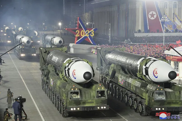 In this photo provided by the North Korean government, what it says are intercontinental ballistic missiles are displayed during a military parade to mark the 75th founding anniversary of North Korea’s army at Kim Il Sung Square in Pyongyang, North Korea, Wednesday, February 8, 2023. (Photo by Korean Central News Agency/Korea News Service via AP Photo)