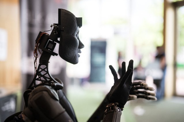 A robot using artificial intelligence is displayed at a stand during the International Telecommunication Union (ITU) AI for Good Global Summit in Geneva, on May 30, 2024. Humanity is in a race against time to harness the colossal emerging power of artificial intelligence for the good of all, while averting dire risks, a top UN official said. (Photo by Fabrice Coffrini/AFP Photo)