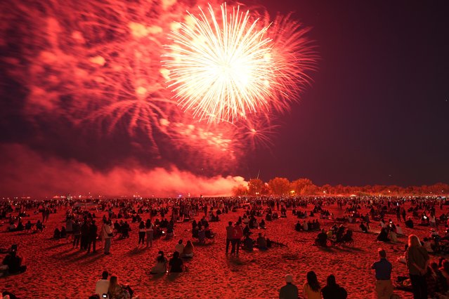 Fireworks light up the sky during the Canada Day celebrations at Ashbridges Bay Park in Toronto, Canada on July 1, 2024. (Photo by Mert Alper Dervis/Anadolu via Getty Images)