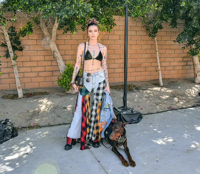 American model Paris Jackson looked fashionably striking alongside her guard dog Koa while attending the Lucky Jeans brand Coachella Party in Indio, CA on April 15, 2023. (Photo by @CelebCandidly/The Mega Agency)