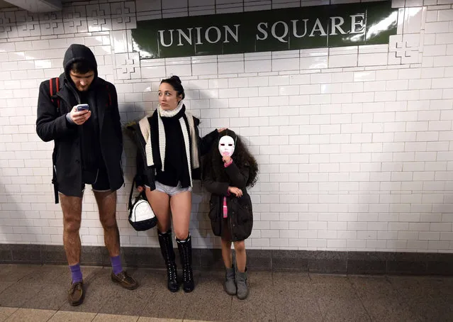 Some participants in the No Pants Subway Ride wait for a train in their underwear in New York subway on January 11, 2015 in New York. (Photo by Timothy A. Clary/AFP Photo)