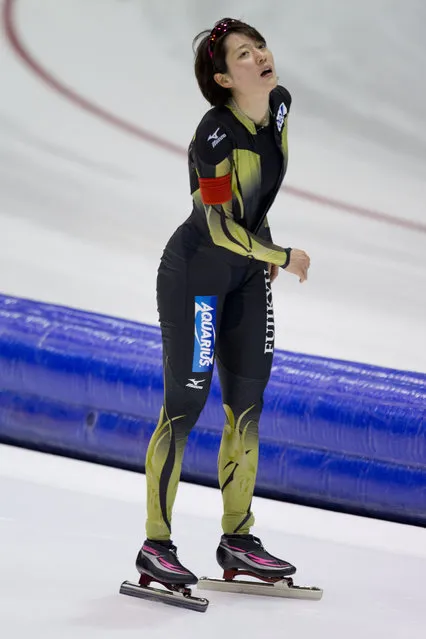 Japan's Ayaka Kikuchi catches her breath after the women's 3,000 meter race of the speedskating single distance world championships at Thialf ice rink in Heerenveen, Netherlands, Thursday, February 12, 2015. (Photo by Peter Dejong/AP Photo)