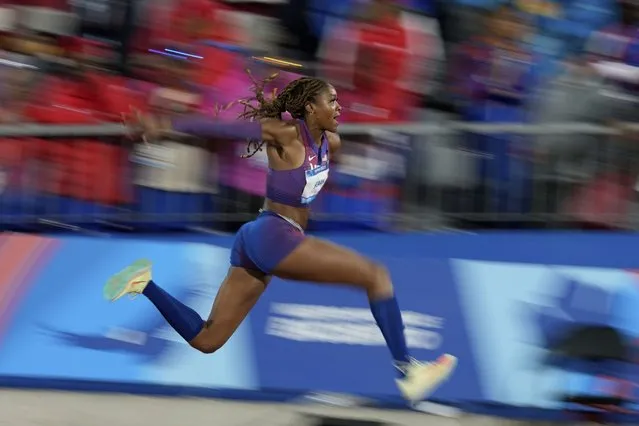 Mylana Hearn of the United States competes in the women's triple jump final at the Pan American Games in Santiago, Chile, Thursday, November 2, 2023. (Photo by Fernando Vergara/AP Photo)