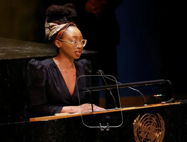 Catherine Labiran, a member of The Praxis Project, speaks at a high-level meeting to commemorate the twentieth anniversary of the adoption of the Durban Declaration and Programme of Action on reparations, racial justice and equality for people of African descent as part of the UN General Assembly 76th session General Debate, in the UN General Assembly Hall at the United Nations Headquarters, in New York, U.S., September 22, 2021. (Photo by John Angelillo/Pool via Reuters)