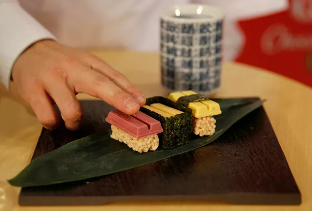 Nestle Japan's sushi-shaped KitKats for the upcoming Valentine's Day celebration are pictured at its Ginza store in Tokyo, Japan, February 2, 2017. (Photo by Toru Hanai/Reuters)