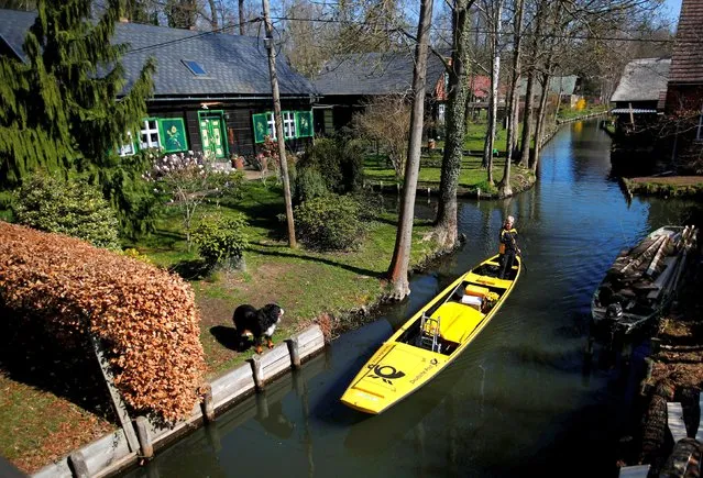 Deutsche Post DHL postwoman Andrea Bunar, Germany's only postwoman to deliver the mail by boat from April until October, delivers post using a traditional boat in the Spreewald village of Lehde, Germany, April 4, 2019. (Photo by Hannibal Hanschke/Reuters)