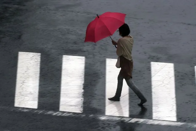 A woman crosses the street in the rain from Typhoon Mindulle as it moves off the coast Friday, October 1, 2021, in Tokyo. (Photo by Kiichiro Sato/AP Photo)