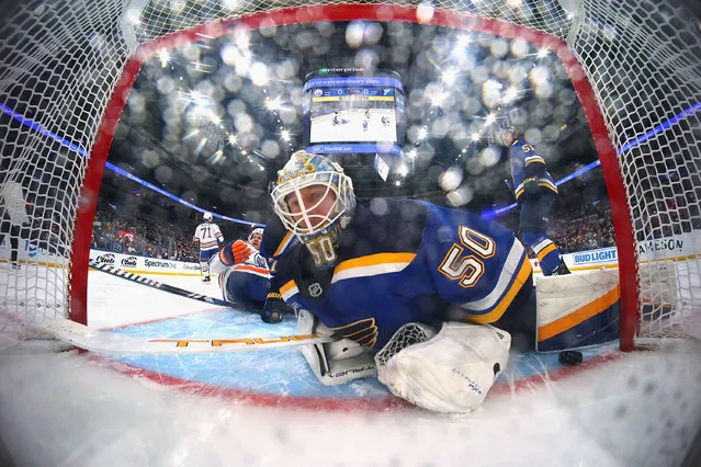 Jordan Binnington #50 of the St. Louis Blues reacts after allowing a goal against the Edmonton Oilers during the first period at Enterprise Center on February 15, 2024 in St Louis, Missouri. (Photo by Dilip Vishwanat/Getty Images/AFP Photo)