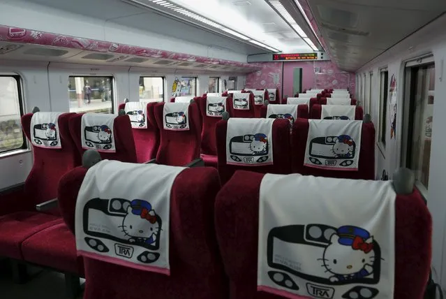 Hello Kitty headrest cover is inside a Hello Kitty-themed Taroko Express in Taipei, Taiwan March 21, 2016. (Photo by Tyrone Siu/Reuters)