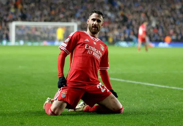 Rafa Silva of Benfica celebrates after scoring the opening goal during the UEFA Europa League Round of 16, second leg soccer match Rangers FC vs SL Benfica, in Glasgow, Britain, 14 March 2024. (Photo by Robert Perry/EPA)