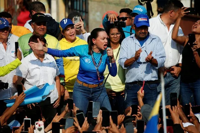 Venezuelan opposition presidential candidate Maria Corina Machado addresses supporters during a rally in Guacara, Carabobo State, Venezuela on March 13, 2024. (Photo by Leonardo Fernandez Viloria/Reuters)