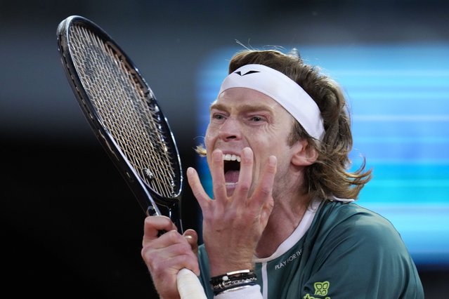 Andrey Rublev, of Russia, reacts during a final match against Felix Auger-Aliassime, of Canada, at the Madrid Open tennis tournament in Madrid, Spain, Sunday, May 5, 2024. (Photo by Manu Fernandez/AP Photo)