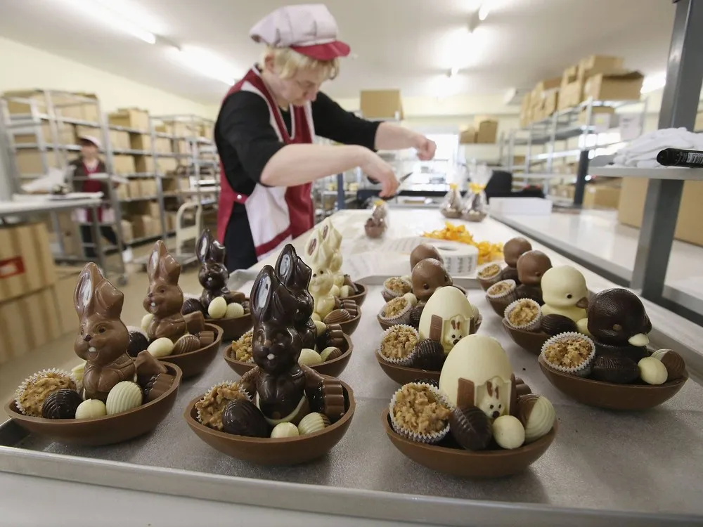 Chocolate Easter Bunny production at Confiserie Felicitas in Germany