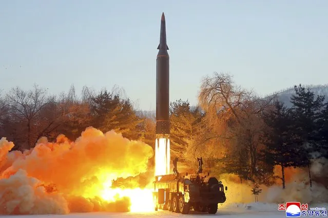 This photo provided by the North Korean government, shows what it says a test launch of a hypersonic missile in North Korea Wednesday, January 5, 2022. Independent journalists were not given access to cover the event depicted in this image distributed by the North Korean government. The content of this image is as provided and cannot be independently verified. Korean language watermark on image as provided by source reads: “KCNA” which is the abbreviation for Korean Central News Agency. (Photo by Korean Central News Agency/Korea News Service via AP Photo)