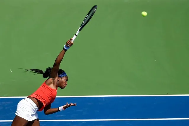 Coco Gauff serves during her Citi Open qualifying match against Maegan Manasse at the Rock Creek Tennis Center in Northwest Washington on July 27, 2019. (Photo by Marlena Sloss/The Washington Post)